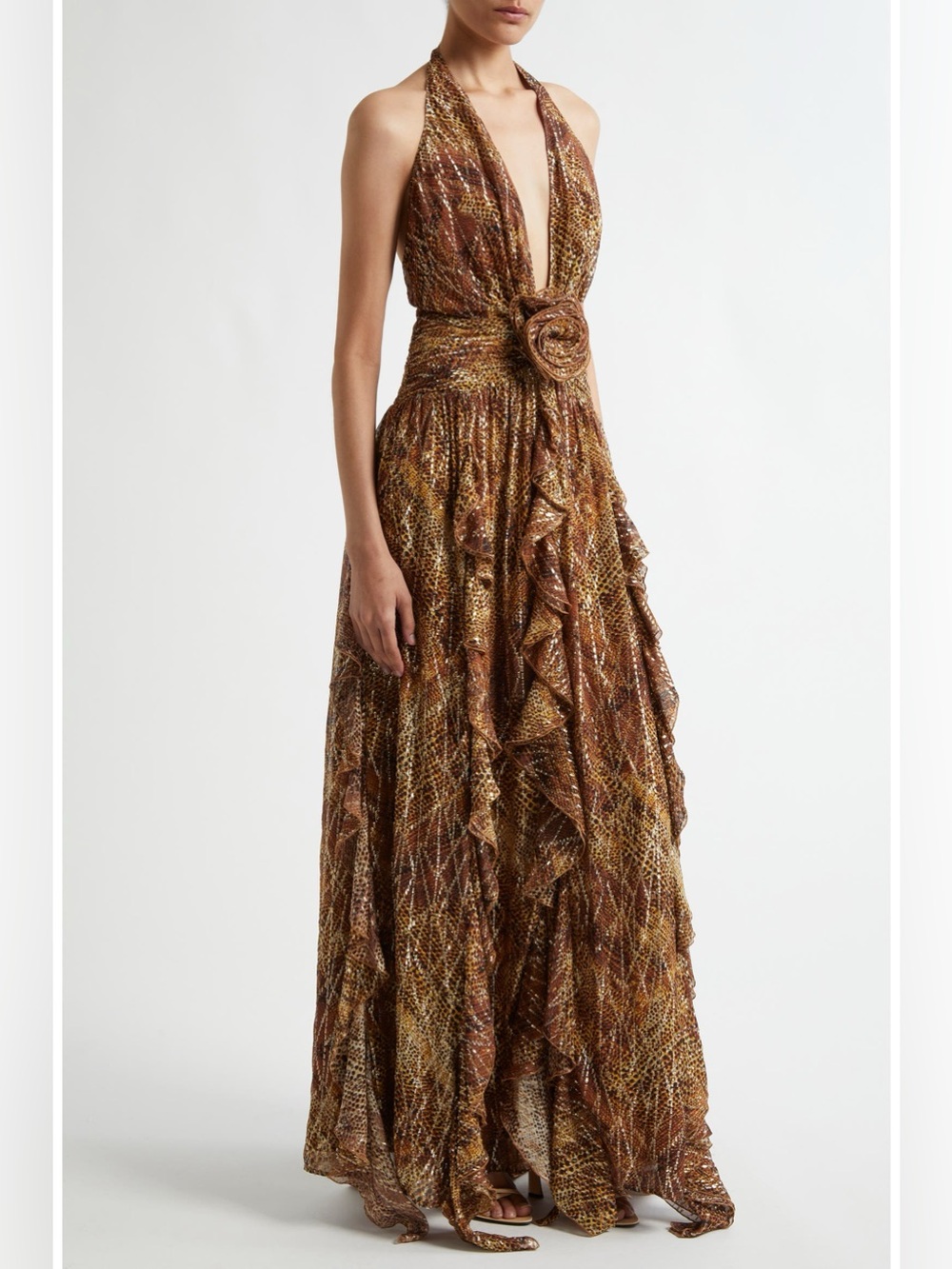 Ramy Brook New Emerance Metallic Plunge Halter Ruffle Gown Size 6 $795.00